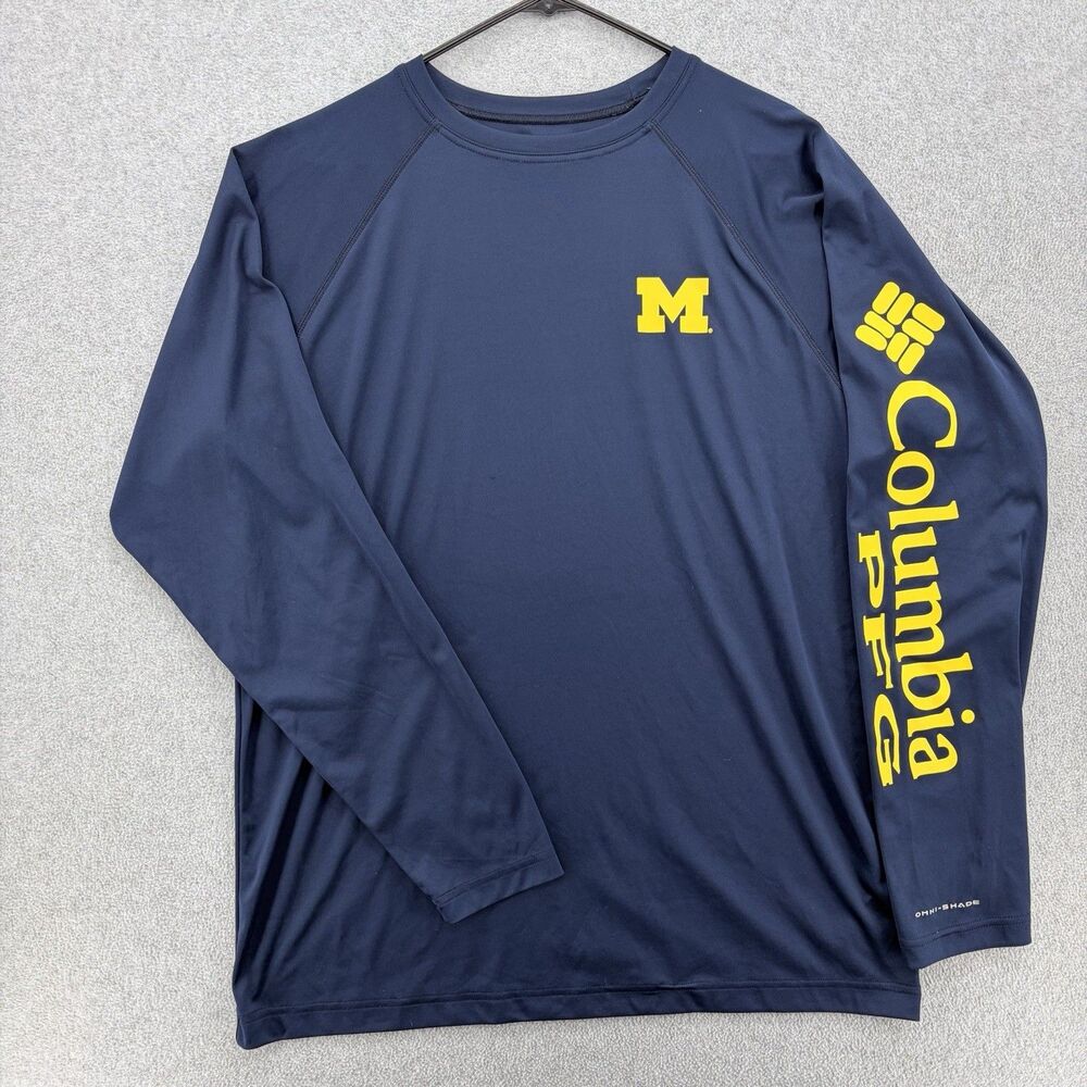 Columbia PFG Michigan Wolverines Long Sleeve Shirt L Navy Omni-Shade NCAA